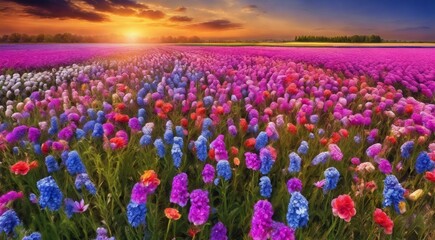 beautiful flower field, summer scene, beautiful flowers in the field, green nature, panoramic view