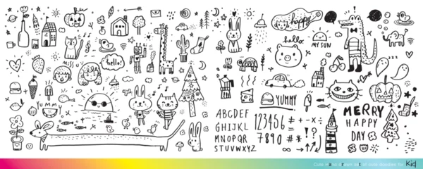 Foto op Aluminium Vector illustration of Doodle cute for kid, Hand drawn set of cute doodles for decoration,Funny Doodle Hand Drawn, Summer, Doodle set of objects from a child's life,Cute animal © Aekkaphum