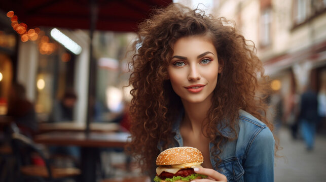 A Beautiful Young Woman With Curly Hair Enjoying A Burger At An Outdoor Street Cafe, With A Bokeh Background.