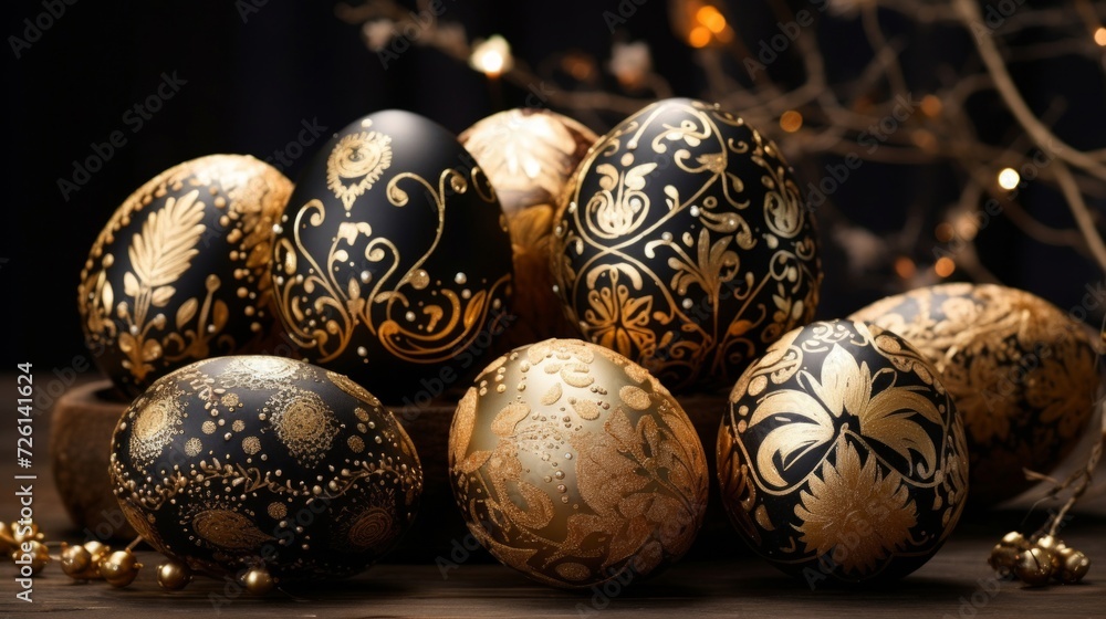 Poster exquisite black and gold easter eggs adorned with intricate patterns, displayed on a dark background