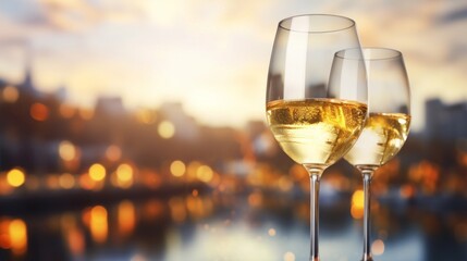 Two glasses of white wine against a golden sunset over a river, perfect for romantic evenings.