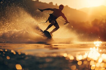 Photograph of a person riding a wakeboard on a glassy lake, creating a dramatic spray of water.  - obrazy, fototapety, plakaty