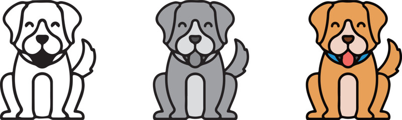 Cute Animal dog, with 3 different styles, Black and White, Grey, and Outline Color.
