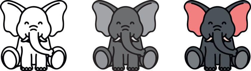 Cute Animal Elephant, with 3 different styles, Black and White, Grey, and Outline Color.