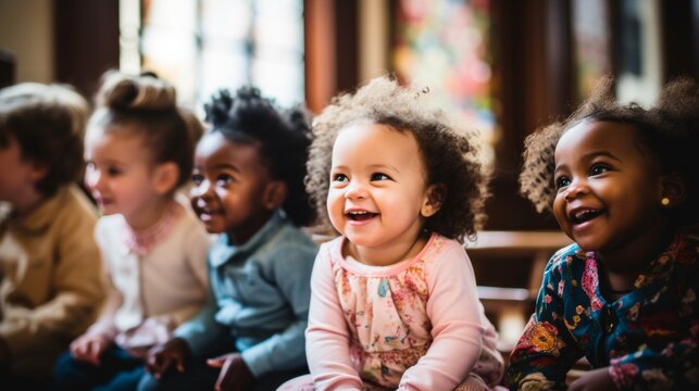 Group of joyful diverse children laughing and enjoying time together in a bright classroom setting.