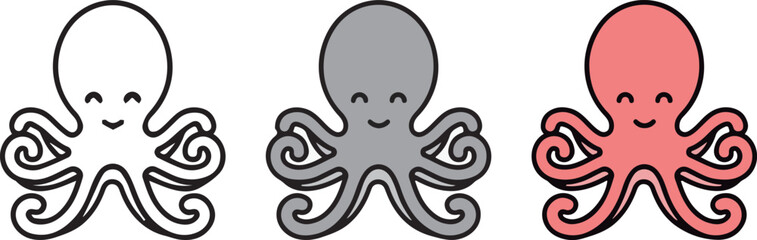 Cute Animal Octopus, with 3 different styles, Black and White, Grey, and Outline Color.