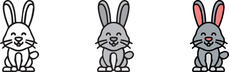 Cute Animal Rabbit, with 3 different styles, Black and White, Grey, and Outline Color.