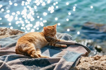 Picture of a cat sunbathing on a beach towel, completely relaxed, with the sea in the background.  - obrazy, fototapety, plakaty
