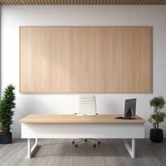 Modern office with wood paneling and houseplants