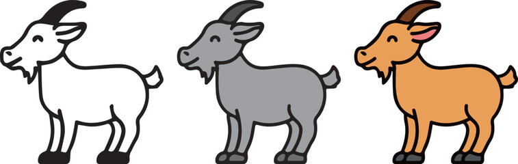 Cute Animal Goat, with 3 different styles, Black and White, Grey, and Outline Color.