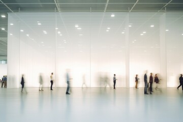 Blurred busy people in open gallery space