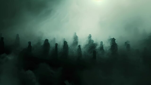 A haunting choir echoes through the hazy mist their captivating harmonies shrouded in enigmatic fog.