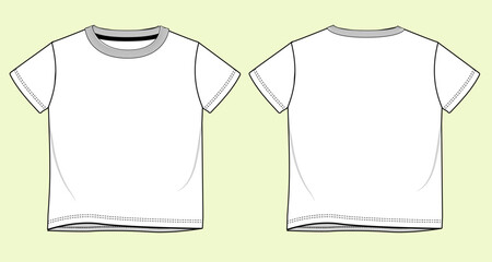 Baby Boys Crew Neck Round Short Sleeve T-shirt Fashion Flat Sketch with Black and White Outline – Front and Back View Template Mock-up.