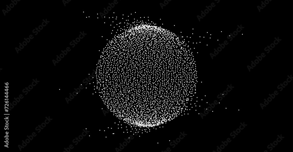 Aufkleber White dotted sphere with dissolve effect. Stipple disintegrating circle on black background. Halftone textured ball with noise dot work grain. Radial grunge particles. Dot sphere bubble. Vector
