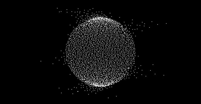 White dotted sphere with dissolve effect. Stipple disintegrating circle on black background. Halftone textured ball with noise dot work grain. Radial grunge particles. Dot sphere bubble. Vector