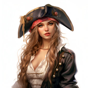 Photo Realistic Style Pretty Girl Pirate White Background