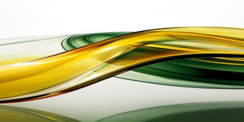 An elegant composition of swirling green and yellow shapes against a reflective surface, signifying energy and harmony.