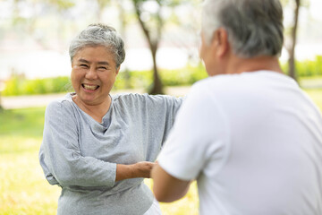 Obraz premium asian senior couple workout and practice tai chi in the park