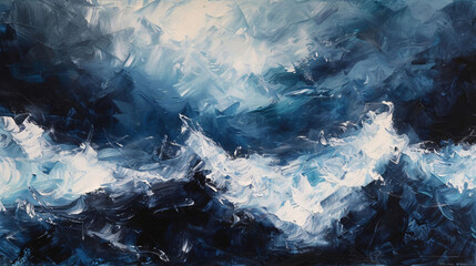 Abstract Ocean Waves Painting in Blue and Dark Tones