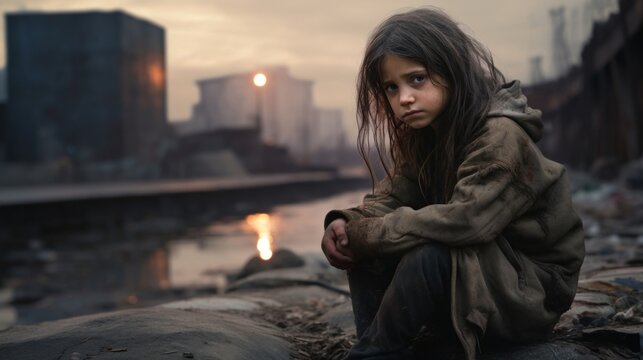 Young girl in contemplation amidst a desolate industrial backdrop during sunset.