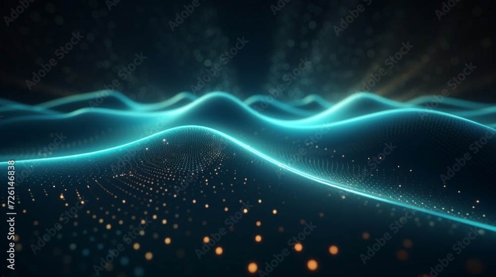 Poster digital graphic of a flowing blue wave with glowing particles, representing data or technology.