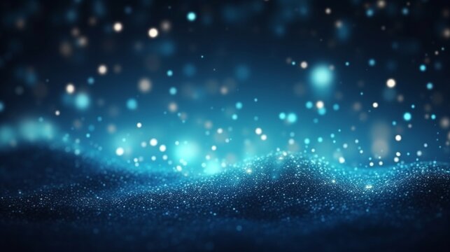 Dark blue background with glittering particles and waves, suggesting a mystical or cosmic theme.