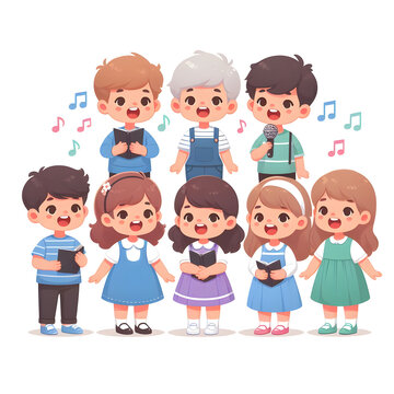 Cute children singing song together. Little kids singers in choir. Diverse vocal talented girls and boys group chorus from music school. Flat vector illustrations isolated on white background