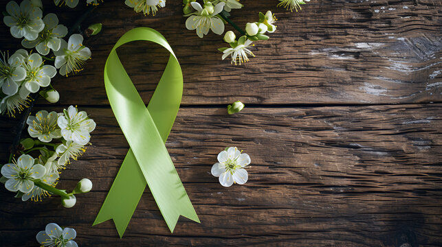 Lime green ribbon.Mental Health Awareness Month cancer day, copy space, generative ai