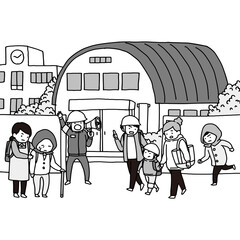 災害時に近所の学校の避難所へ向かう家族