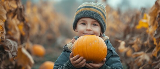 A kid with a pumpkin on a farm.