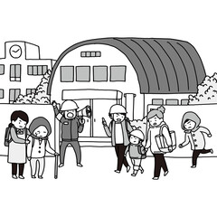 災害時に近所の学校の避難所へ向かう家族