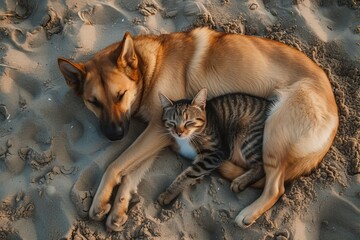  a dog and cat lying together on the sand, showcasing an unlikely friendship. Aerial view of the dog and cat - obrazy, fototapety, plakaty