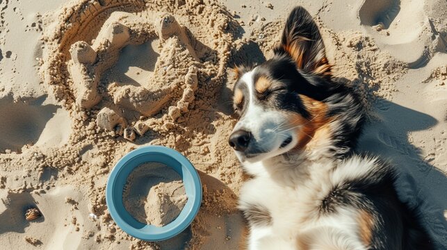  dog lying next to a sandcastle, as if guarding it, with a water bowl nearby. 