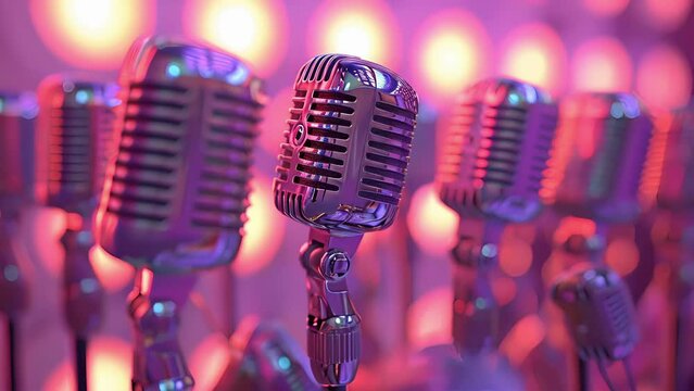 A group of microphones forming a boy band complete with synchronized dance moves and perfectly styled hair as they perform a ballad about their love for karaoke.