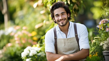 A cheerful young man in an apron posing in a vibrant flower garden, exuding happiness and a love for gardening. - obrazy, fototapety, plakaty