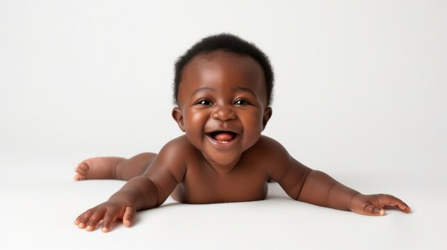 Smiling cute African American baby girl full body lying down on the floor.