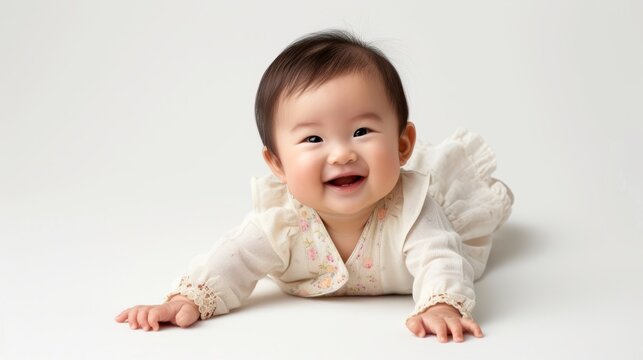 Smiling cute asian baby boy full body lying down on the floor.