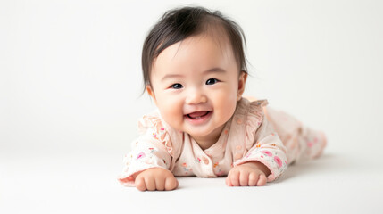 Smiling cute asian baby girl full body lying down on the floor.