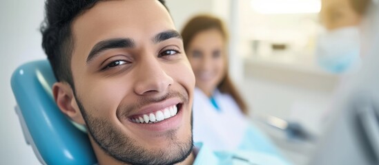 Closeup shot of a Middle Eastern man happily sitting at the dentist chair in a modern clinic, smiling at the camera while receiving dental treatment from a professional dentist. - Powered by Adobe