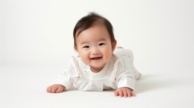 Smiling cute asian baby girl full body lying down on the floor.