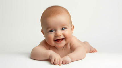 Smiling cute baby boy full body lying down on the floor.