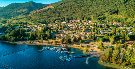 Small town on Pacific Ocean Coast. Aerial.