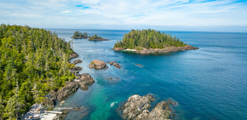 Fototapeta na wymiar Trees and Island on West Coast of Pacific Ocean. Aerial Nature Background. Vancouver Island