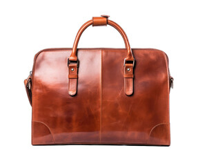 Brown leather bag isolated on white png transparent background.