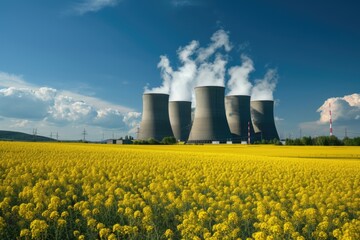 Nuclear power plant cooling towers emit smoke in agricultural field. Atomic energy as alternative electricity source.