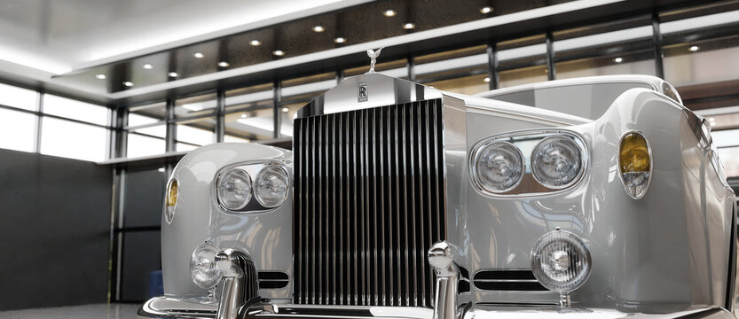 Classic Ivory Rolls-Royce in Showroom. 3D rendering.