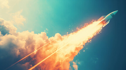 Fototapeta na wymiar Space and travel wallpaper. Rocket launch into space. Spaceship launch with smoke in the sky.