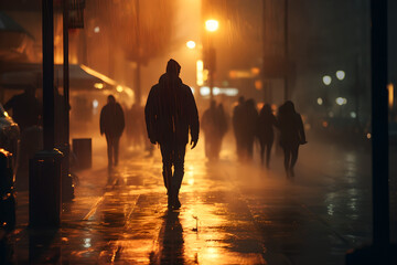 people walking on the streets in rainy night, The background features buildings, poles, and lights