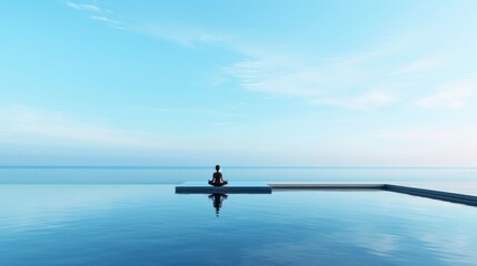 Poolside meditation, inner peace, mindfulness practice, serene and clear sky.