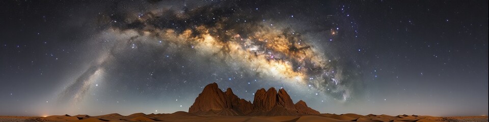 Milky Way Panorama Over Desert Landscape at Night